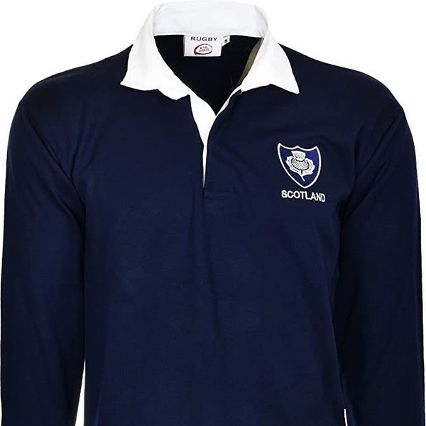 Men Scotland Rugby Long Sleeve Poly cotton Sports Jersey | Button Down Collar Neck Style | Embroidered Logo  | Size S to 5XL | Navy Blue
