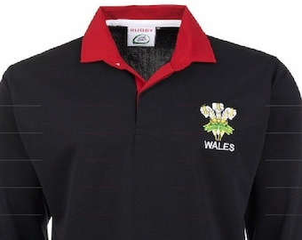 Chemise à manches longues pour homme Wales Rugby avec logo brodé. Maillot de supporter de rugby du Pays de Galles Maillot de rugby Cymru avec dragon