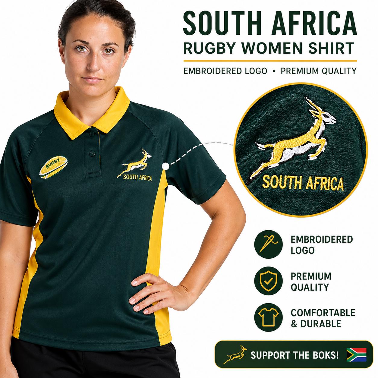 South Africa Springboks Women Embroidered Rugby Polo Shirt, Dark Green Jersey