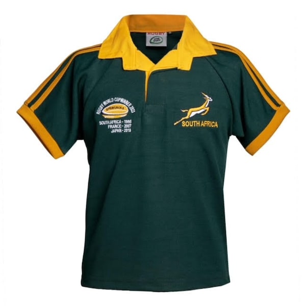 Springboks Rugby-Weltmeister 2023 Halbärmeliges Kinder-T-Shirt mit Button-Down-Kragen, Größe S bis XXL (24 bis 32-33)