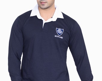 Camiseta de rugby de Escocia con logotipo bordado y manga larga de polialgodón para hombre