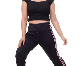 Women's Black Contrast Stripe Trousers Jogging Bottom, Polyester Blend Size S to XXL