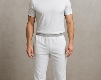 Men White Bowling Trousers, Elastic Waist, Sizes S-XXL