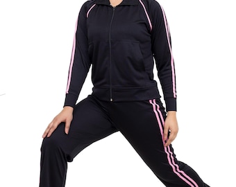 Women's Black Tracksuit Set, Full Zip Jacket, Contrast Stripe Trousers, Polyester Blend
