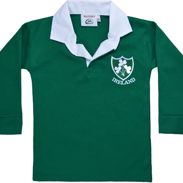 Unisex Kids Sports Jersey Ireland Green National Team Rugby Long Sleeve Shirt | Button Down Collar Neck Style | Size 0 Months to 13 Years