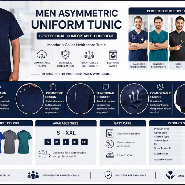 Men Asymmetric Poly Cotton Tunic, Stud Front Mandarin Collar