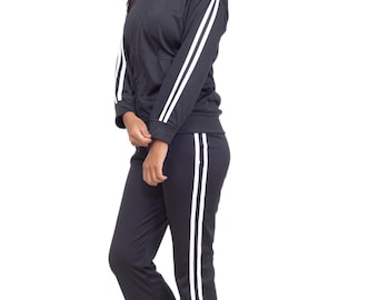 Girls Tracksuit Set | Black with Pink or White Stripes, Zip Jacket & Trousers