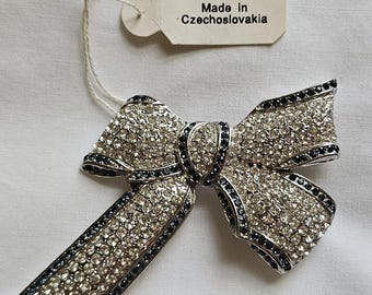 Vintage Ribbon Bow Rhinestone Pinback 3.5" x 2" Costume Jewelry