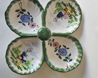 Desvres Faience Server Handled four compartment Relish Dish France Antique early 1900s