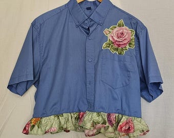 Ruffled Embellished Crop Top Oversized Large Reworked/Upcycled Short Sleeve Button Up Shirt