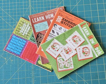 Four Vintage Needlecraft Embroidery Knitting and Crochet Booklets Coats & Clarks bonus Hot Iron Transfers