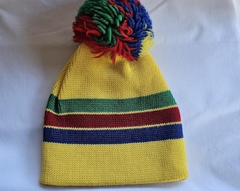 Vintage 80s Smileys Wool Beanie Yellow Green Red Blue Striped with Pom Pom