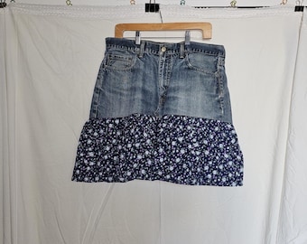 Reworked Blue Denim Skirt Size Large XL 37 waist with Vintage Blue Floral Cotton Ruffle