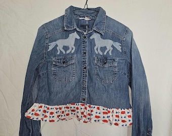 Women's petite small long sleeve reworked denim/chambray cotton crop top Indigo Blue