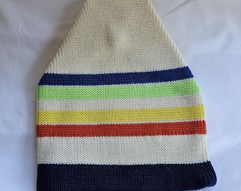 Vintage 80s Smileys Wool Beanie Off White Green Yellow Red Blue Striped