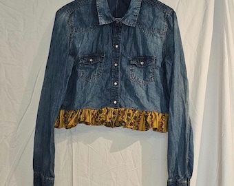Women's medium long sleeve reworked denim/chambray cotton crop top Indigo Blue