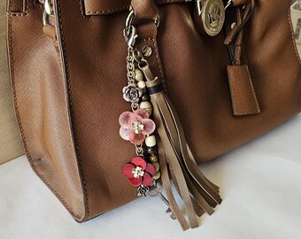 Bag Charm Upcycle Vintage Parts Handmade Leather Tassel