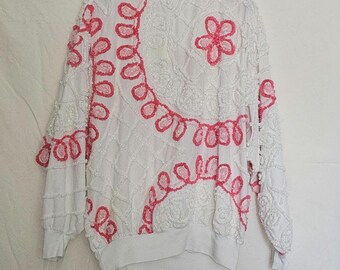 Vintage 1980s Pink White Chenille Pullover Sweater Sweatshirt size large 100% cotton