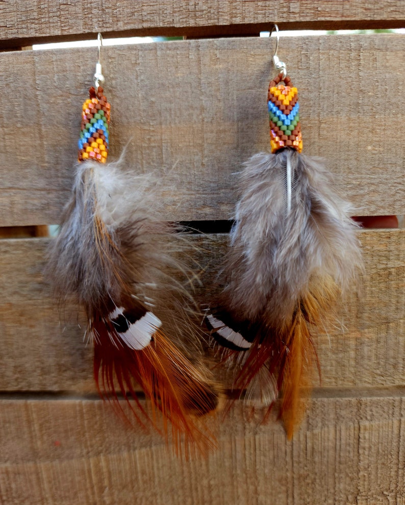 Beaded feather earrings, natural feather earrings, boho feather earrings, Native American feather earrings image 1