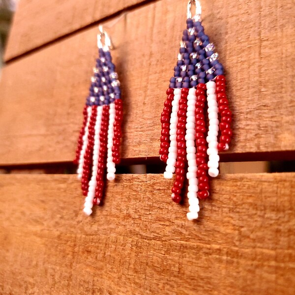 Felt Back USA Flag Flamingo Beaded Beads Tassel Earrings