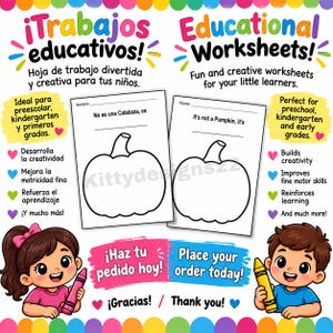 Puede incluir: Dos hojas de trabajo educativas con el contorno de una calabaza y el texto 'It's not a Pumpkin, it's' y 'No es una Calabaza, es'. El diseño incluye ilustraciones de una niña y un niño con crayones, texto colorido y corazones decorativos.