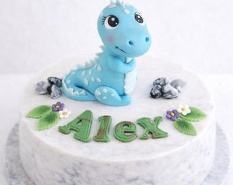 Personalized Dinosaur Cake Topper, Cute Blue Dino with name, fondant dinosaur topper, Kids Birthday cake decoration, Handmade Dino