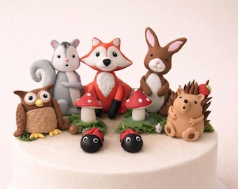 Woodland birthday fondant toppers, forest animals cake decorations,