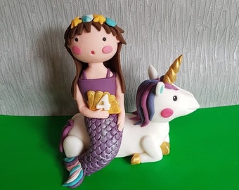 fondant unicorn and merimaid cake topper
