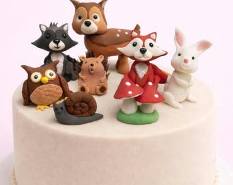 Woodland animal fondant cake toppers, handmade edible cake decorations
