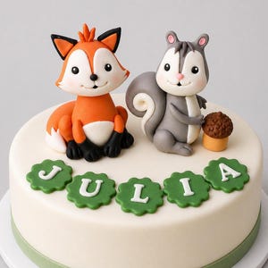 Könnte beinhalten: Eine weiße Torte, verziert mit einer Fuchs- und Eichhörnchenfigur. Der Fuchs ist orange und weiß, und das Eichhörnchen ist grau. Die Torte hat grüne Akzente und den Namen "JULIA" in grünen Buchstaben.
