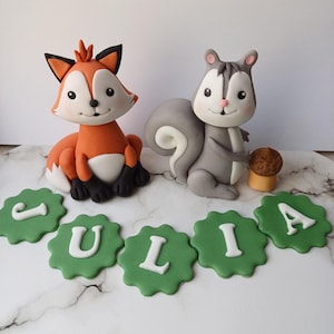 Taarttoppers met vos en eekhoorn voor taartdecoratie, cakedecoraties met bosthema, fondant bosdieren