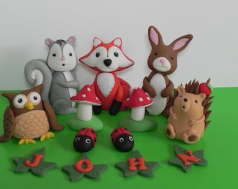 fondant woodland animal cake toppers for birthday cake decorating, handmade edible animal cake toppers