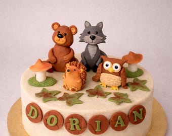 Woodland fondant cake toppers,  animal birthday cake decorations