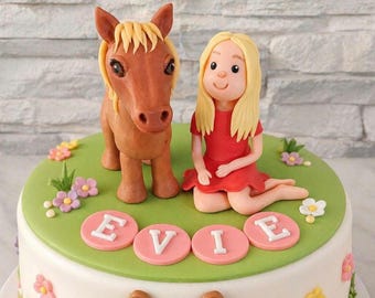 Fondant handmade horse cake topper with girl,  personalised birthday cake decoration, custom name and age, equestrial theme topper