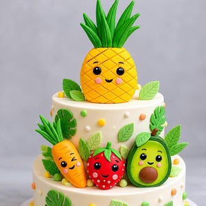 Könnte beinhalten: Eine dreistöckige Torte, verziert mit lächelnden Obst- und Gemüsefiguren. Die oberste Etage zeigt eine gelbe Ananas mit grünen Blättern. Die zweite Etage hat eine Karotte und eine Erdbeere. Die untere Etage hat eine Avocado. Grüne Blätter und bunte Punkte schmücken den Kuchen.
