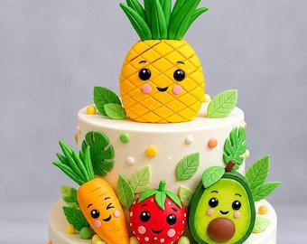 May include: A three-tiered cake decorated with smiling fruit and vegetable figures. The top tier features a yellow pineapple with green leaves. The second tier has a carrot and strawberry. The bottom tier has an avocado. Green leaves and colourful dots adorn the cake.