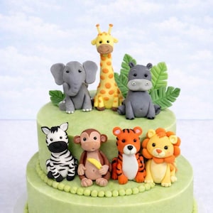 Safari animal cake toppers, fondant jungle animals, giraffe elephant lion zebra hippie tiger monkey cake decorations, Safari birthday cake
