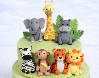 Adornos para tartas de animales de safari, animales de la jungla en fondant, decoraciones para tartas de jirafa, elefante, león, cebra, hippie, tigre y mono, tarta de cumpleaños de safari.