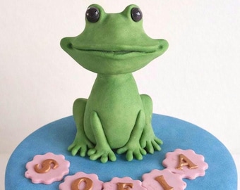 Frog cake topper, pond birthday cake decorations, custom name and age, fondant frog topper, kids birthday cake decor
