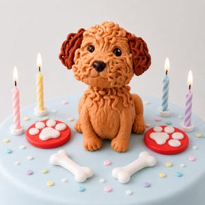 Könnte beinhalten: Hellblauer Kuchen, verziert mit einer braunen Hundefigur, Kerzen, Pfotenabdrücken und Knochenbonbons. Der Hund hat lockiges Fell und dunkelbraune Ohren. Die Kerzen sind rosa, gelb, blau und lila.