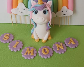 Unicorn and rainbow cake toppers for girls birthday cake decorating, fondant unicorn cake decoration