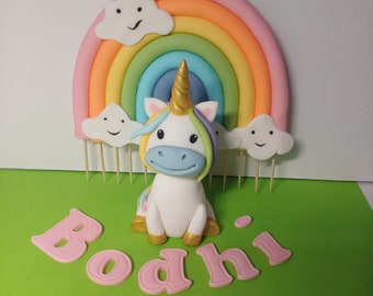 Fondant unicorn and rainbow  cake toppers for birthday cake decorating, girls birthday party decorations