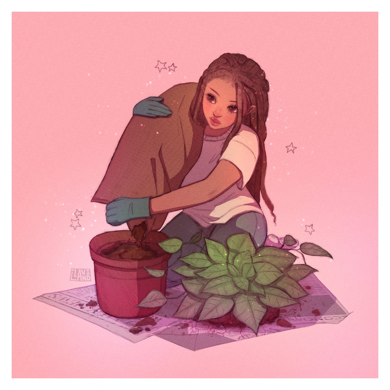 May include: A person with long brown braids is planting a leafy green plant in a red pot. The person is wearing a white shirt and blue jeans. The plant is surrounded by brown soil and is on a white and brown patterned surface.