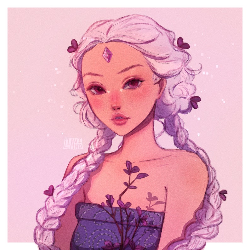 May include: A digital illustration of a woman with long white braids, a pink and purple flower crown, and a purple gemstone on her forehead. She is wearing a purple and blue patterned top and has a pink background.