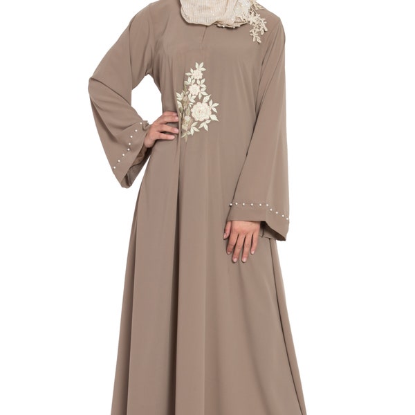 Dubai Abaya A-Line Beige Color Designer Arabian Burkha Moroccan Jilbab Maxi Long Sleeves Fancy Looks Casual Wear Dress with Hijab for Women