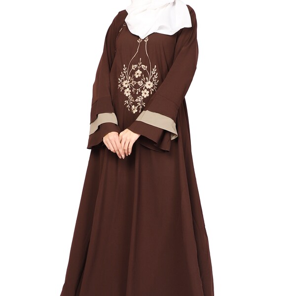 ENTIRE Creep Fabric Wine/Brown color Embroideries Work Umbrella Abaya Traditional Looks evening party wear Dress with Hijab for Women Girls