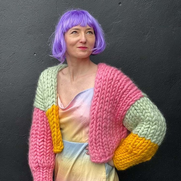 Chunky Cardigan Multicolor oversize sweater Super Chunky yarn Giant Knits Short Rainbow Colorful Jumper
