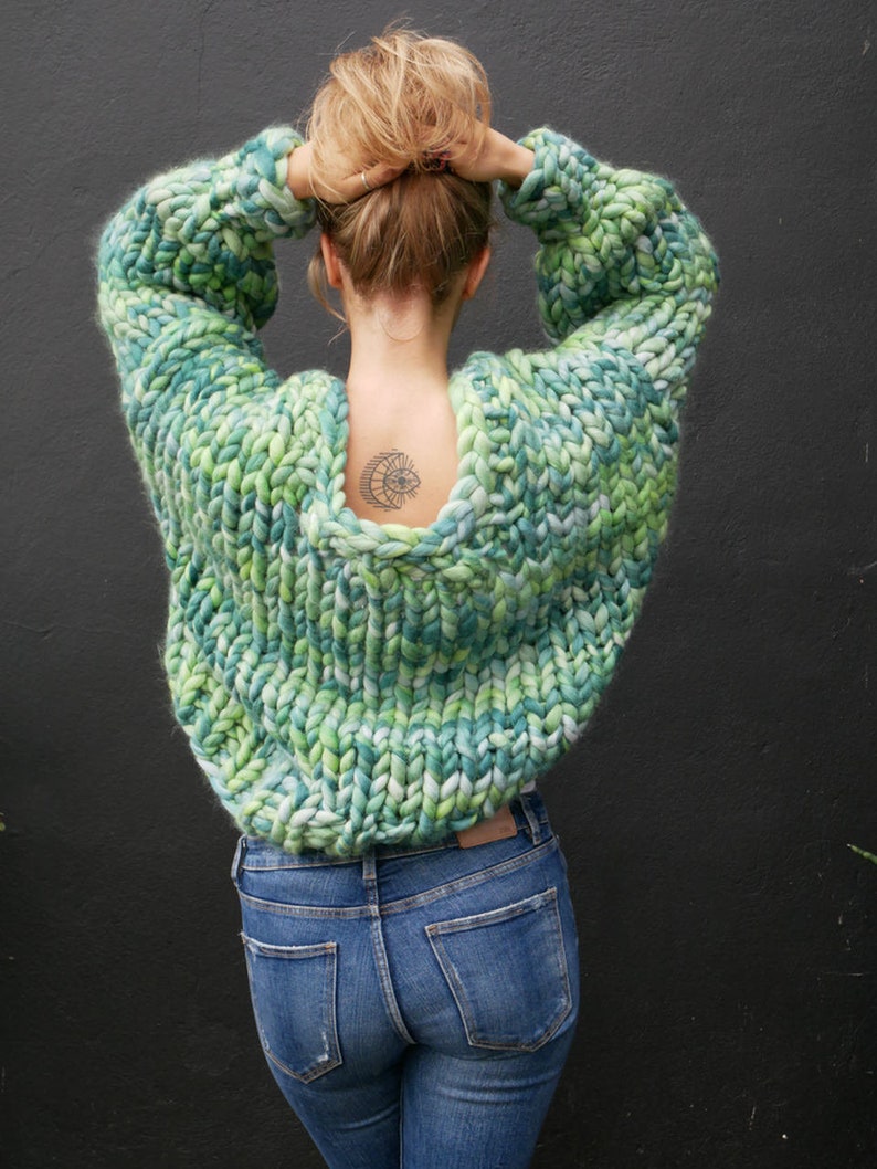 Chunky Wool Knit Abstract Pattern Hooded Cardigan Jacket (Women's Size) - 17 Green