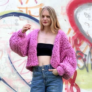 Chunky Knit Cardigan oversize 100% Merino Wool Short hope jumper handmade giant knitted super soft sweater unique gift for her