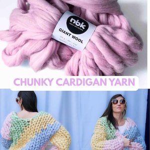 May include: A skein of light purple giant wool yarn is shown, with a label that reads "Giant Wool". Below, a chunky cardigan in pastel colours is displayed, demonstrating the yarn's suitability for creating warm garments. The text "CHUNKY CARDIGAN YARN" is also visible.